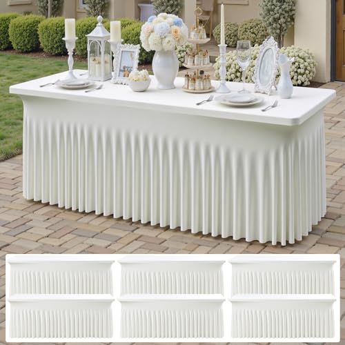 Image of 6 pk Ivory Spandex Tablecloth 6ft with Ruffle Skirts,Wrinkle Free High Stretch Cream Fitted Tablecloths for 6 Foot Rectangle Tables,Elastic Spandex Table Covers 6 ft for Parties Weddings Banquet