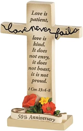 Dicksons Love Never Fails 50th Anniversary Cross - Figura de mesa Resinstone crema de 4 x 3 pulgadas