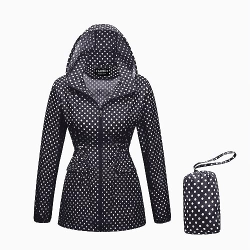 YEABEDA Damen-Regenjacke, Kapuze, wasserdicht, leicht, winddicht, verstaubar, niedliche Regenmäntel, Reisen, gepunktet, mit Tasche, schwarz mit punkten, L