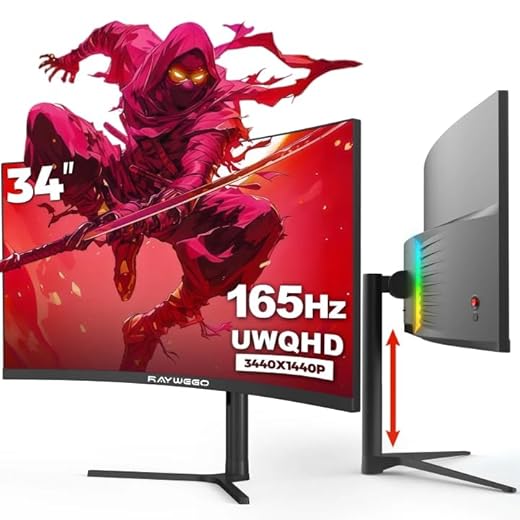 Raywego 34 Inch Ultrawide Monitor 3440 x 1440P Curved Gaming Monitor,Swivel/Height Adjustable,21:9 Aspect Ratio with RGB Backlight,165Hz 127% sRGB 4000:1 Contrast Ratio,PIP/PBP Black,2026