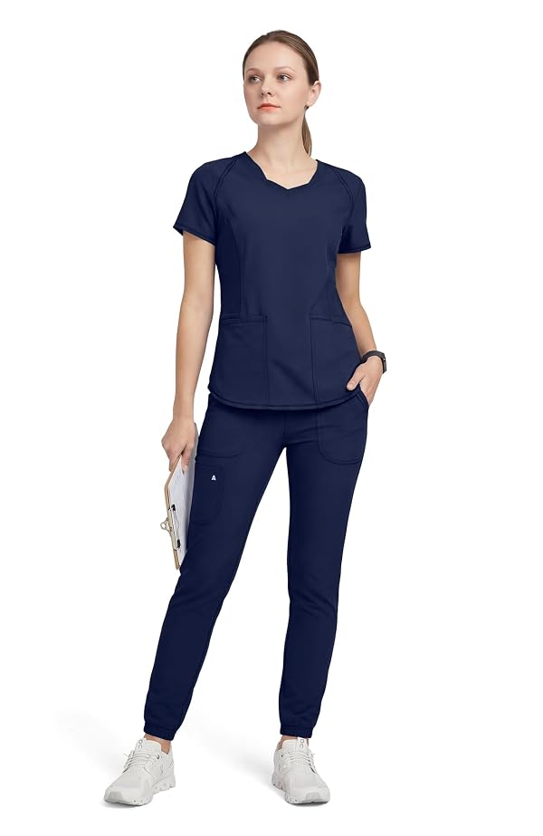allheart Scrubs For Women Set Layered V-Neck Top & Mid Rise Pull-On Jogger Scrub Pant, 6 Pockets Medical Uniform, L, Dark Navy - Dark Navy,Large by allheart - Used condition - US$18.50