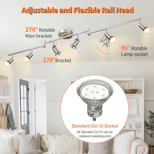 DLLT LED 6 Light Track Light Kit, Matte Nickel 6 Way Ceiling Track Lighting, CRI≥90, Flexibly Rotatable Light Heads, Ceiling Spot Light for Exhibition, Included 6 x 3W LED GU10 Bulbs(3000K, 1440LM)