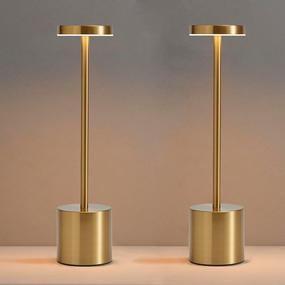 2 Pack LED Cordless Table Lamp, Portable 5000mAh Rechargeable Bedside Lamp, Touch Control Outdoor Table Lamps, 3 Color Dimmable Battery Operated Lamps for Bedroom//Restaurant/ Patio/ Outdoor - Gold