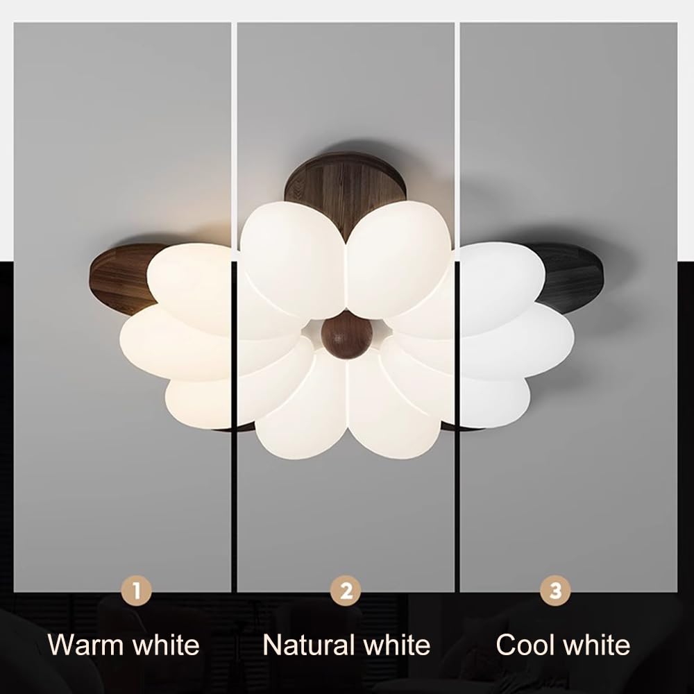 Sufitowa Led Flower, Drewniana, Do Sypialni, Z Akrylowym Kloszem, 50 W, 3 Kolory, Regulowana, Półpłaska, Do Salonu