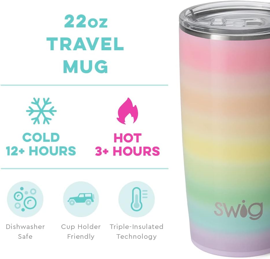 Swig Life 22oz Travel Mug, Insulated Tumbler with Handle and Lid, Cup Holder Friendly, Dishwasher Safe, Stainless Steel, Travel Coffee Cup, Insulated Mug with Lid (Over the Rainbow)