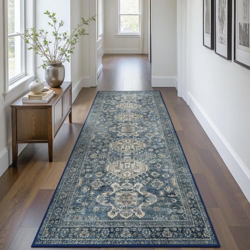Bavni 2x10 Runner Rug, Non Slip Washable for Hallway, Blue