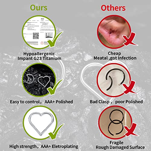 Vojo 2 Pcs G23 Titanium Heart Daith Piercing Jewelry Rook Hoop Tragus Clicker Ring Cartilage Helix Earring For Ear 16G (8Mm+10Mm, Moon Silver+Heart Silver) #TOP3