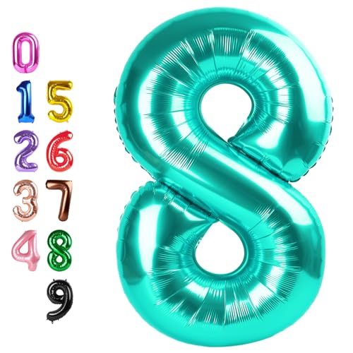 Image of Number Balloons 8 Balloon 40 inch Teal Blue for 8 Birthday Party Decoration | Saturated Color, Large 40 in, With Inflation Straw & Hanging Hole, Great for Men's Party, Back-To-School Season, Pool Party