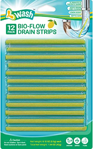 Lemon Scent Bio-Flow Drain Strips - 12 Strips | L-Wash Drain Cleaner & Odor Remover Sticks - Keeps Pipes Fresh
