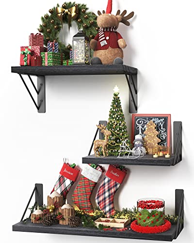 Bayka Wall Shelves For Bedroom Decor, Floating Wall Shelves For Living Room Kitchen Storage, Wall Mounted Rustic Wood Floating Shelves For Kids Books, Small Shelf For Bathroom(Black，Set Of 3) #TOP6