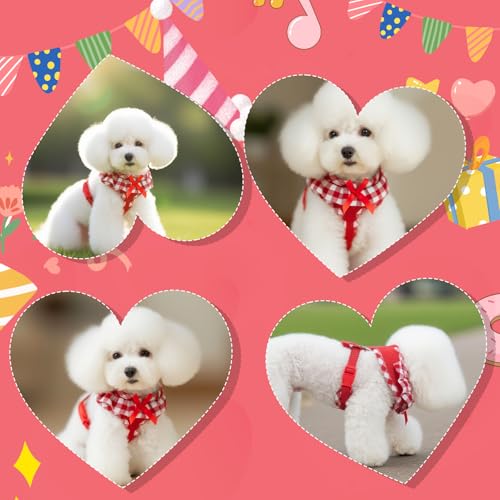 EXPAWLORER Cute Dog Harness Collar Leash Set - Red Girl Dog Harness Checkered Step-in Design, Detachable Bow Pet Collar, Adjustable No-Choke Lightweight Mesh Vest for Small Medium Dogs, M - Thumbnail 7