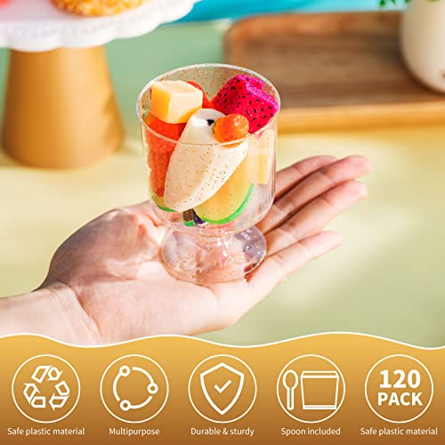 Potchen 7Oz Plastic Dessert Cups With Spoons Medium Large Disposable Appetizer Ice Cream Bowls Glitter Silver Gold Wine Goblets For Wedding Party Supplies (Glitter Gold), 240 Piece Set #TOP2