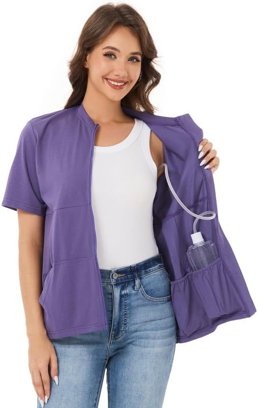 Post Surgery Mastectomy Shirt with Drain Pockets – Women’s Short Sleeve Zip Front Recovery Top with Elastic Pouches - Image 3