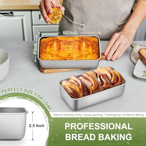 Image of Loaf Pan Set of 2, P&P CHEF 9-inch Bread Pans, Stainless Steel Loaf Toast Baking Pans For Bread Meatloaf Lasagna Cake, Healthy & Non Toxic,Deep Side & Smooth Roll, Oven & Dishwasher Safe