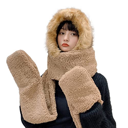 Women Three In One Plush Thick Warm Hooded Cap Earflap Hat Long Scarf Gloves Set Winter Neck Scarf For (Khaki, One Size) #TOP19