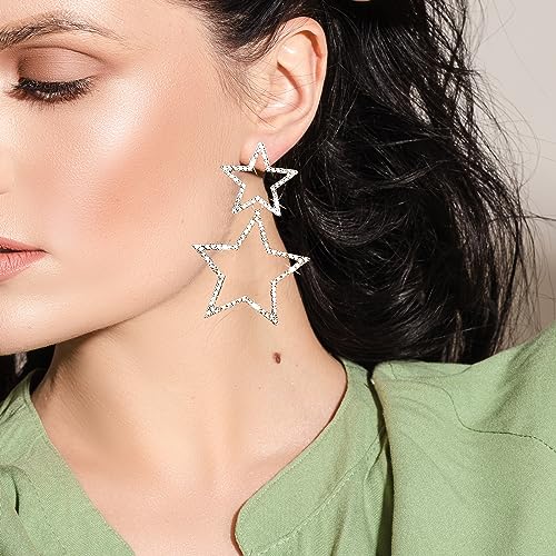 Star Earrings for Women Sparkle Silver Star Drop Earrings Rhinestone Big Star Dangle Earrings Hollow Star Dangling Earrings Long Double Star Stud Earrings Jewelry Lightweight Festival Christmas Birthday Party Jewelry Dainty Gifts for Friends (Silver double star)3