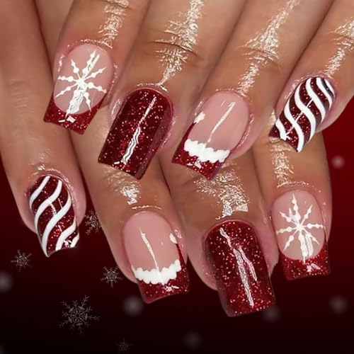 Christmas Press on Nails Short Square Fake Nails with Snowflake
