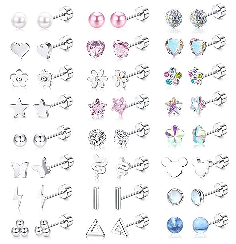 Jstyle Hypoallergenic Surgical Steel Earrings for Girls Women Stainless Steel Flat Back Earrings Set Colorful Cute Pearl Ball Flower Heart Stud Earring for Girls Jewelry