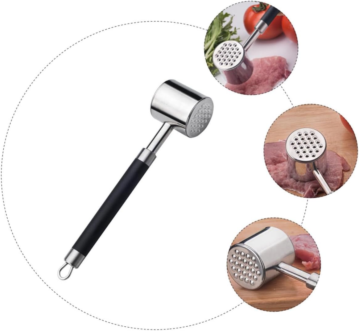 Dual-sided 304 Stainless Steel Meat Tenderizer Mallet with Black Non-slip Handle, Beef and Pork Hammer for Kitchen Cooking and Bbq, 1pcs Meat Pounder Tool