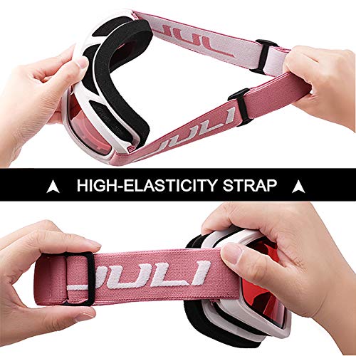 Juli Ski Goggle/Snow Snowboard Goggles For Men, Women & Youth - 100% Uv Protection Anti-Fog Dual Lens(White Frame+38% Vlt Vermillion Red Len Pink Strap) #TOP4