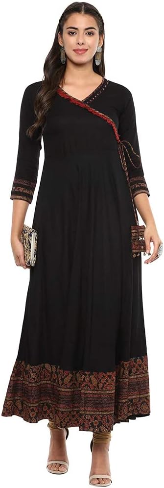 Yash Gallery Women's Rayon V-Neck 3/4 Sleeve Calf Length Long Indian Anarkali Kurta Dresses For Summer