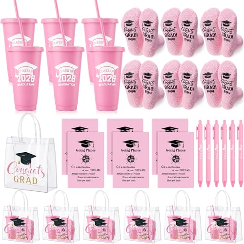 LemonRoad 30 Pcs Class of 2026 Pink Graduation Gift Bulk Congrats Grad PVC Gift Bag and Socks Plastic Tumblers with Lid and Straw Ballpoint Pens Inspirational Notepads Graduation Party Favors