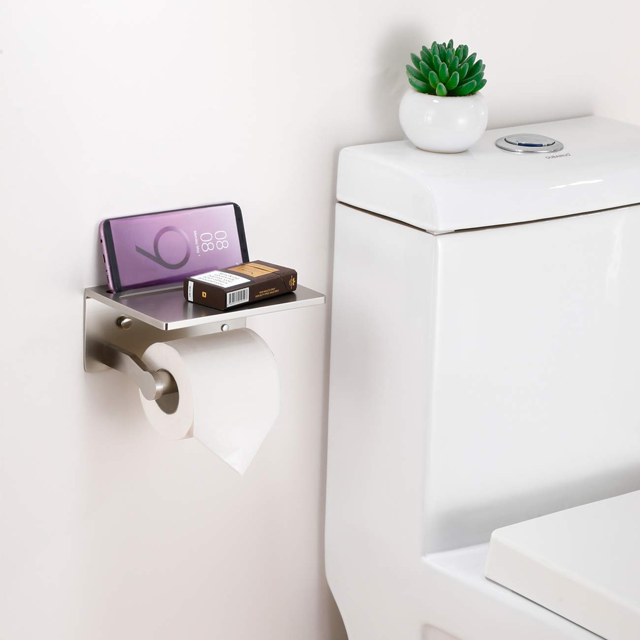 Soporte para Papel higiénico con Estante, Soporte de Papel higiénico de Aluminio con Estante de Almacenamiento para teléfono móvil para baño Moderno, Autoadhesivo 3M, sin taladrar o montado en la
