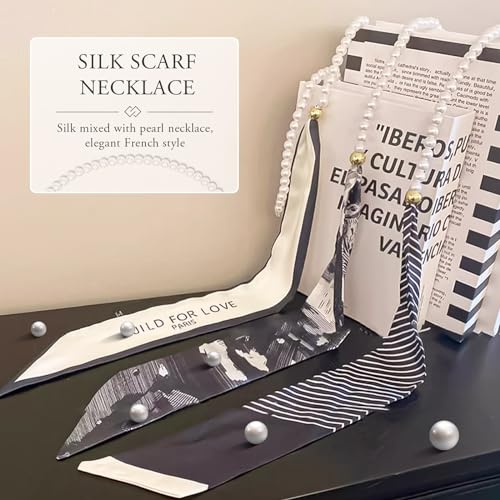 Silk Scarf Necklace Women Narrow Long Neckerchief With Pearl Necklace Flower Stripe Pattern Headdress Hair Ribbon4