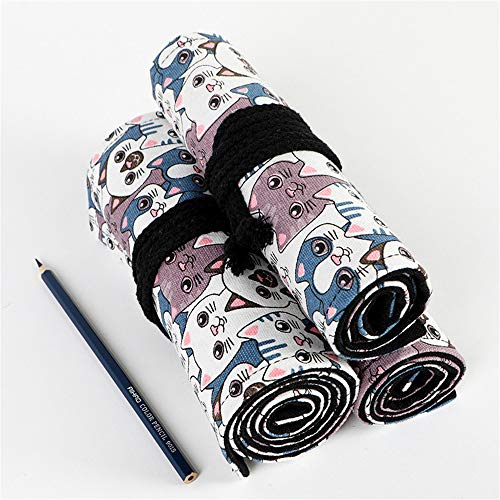 Image of Funny live 24 /36 /48 /72 Slots Colored Pencil Wrap Roll up Pen Holder Case Drawing Coloring Pencil Roll Organizer Stationery Case for Student Artist Traveler (Big-Head Cats, 24 Slots)