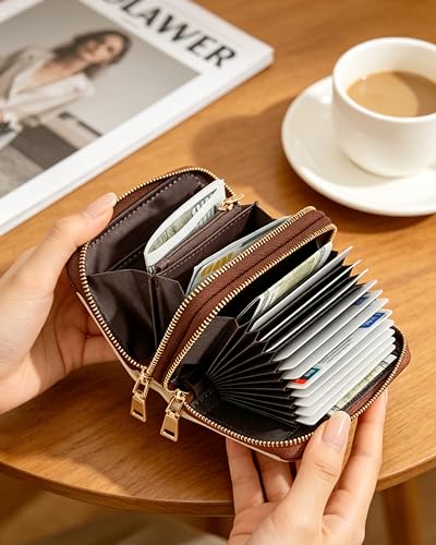 Image of Credit Card Holder for Women,Accordion Wallet with wristlet | RFID Blocking Card Wallet, Vegan Leather with Wristlet, dual independent zipper compartments,17 Card Slots