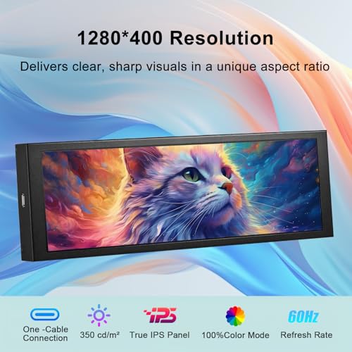 Image of wisecoco 7.84 Inch Mini Monitor One-Cable Connection(No HDMI Needed) HD IPS 1280x400 Secondary Screen Stretched Bar LCD Display Aida64 CPU GPU Speed Temperature Monitoring for Windows 10 /11 Only