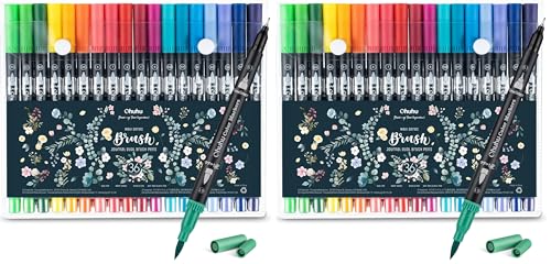 Ohuhu Markers for Adult Coloring Books No Bleeding 36 Colors Coloring Markers Water-based Dual Tips Fineliner & Brush Drawing Pens Art Pens for Kids Adults Sketch Journal - Maui - Black (Pack of 2)