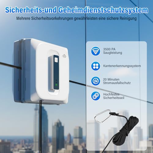 Ehomfory Fensterputzroboter mit Zwei Düsen und Automatischer Sprühfunktion, 3 Intelligente Wegplanungsmodi, Kantenerkennung, 100 ml Wassertank, Sicherheitsseil Absturzsicherung