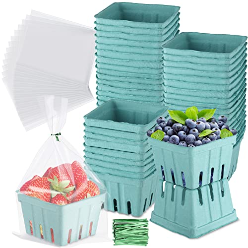 Image of Amyhill 100 Pack Pulp Fiber Basket Set Include 100 Strawberry Berry Basket Small Vented, 100 Clear Packaging Bags, 100 Tie Strips for Kitchen Market Fruit Vegetable Produce Storage(Green)