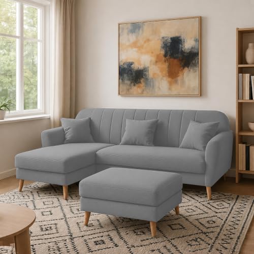 Image of Atticus LHS 4 Seater L Shape Sofa Set with Ottoman for Living Room (Dark Grey Fabric) Premium Fabric Sofa Set