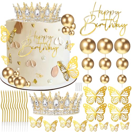 AMZVALU Crown Cake Topper Gold Happy Birthday Cake Toppers Crown Balls Candles Butterflies Corona Para Pastel Cake Decorations for Women Princess Queen Wedding Party Decorations (Gold White)