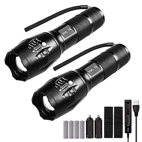 Lampe Torche LED, Gvoo Lampe de Poche avec 4 Piles Rechargeables 18650 Militaire Poche LED 1200 Lumens, Lampe Torche Puissante 5 Modes Intensité Ajustable Étanche IPX4 avec Chargeur USB