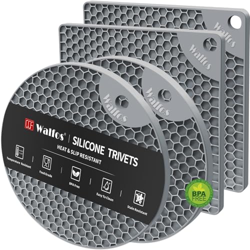 Image of Walfos Silicone Trivet Mats - 4 Heat Resistant Pot Holders, Multipurpose Non-Slip Hot Pads for Kitchen Potholders, Hot Dishers, Jar Opener, Spoon Holder, Food Grade Silicone & BPA Free (Nordic Grey)