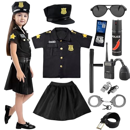 Luckyou Deguisement Policier Enfant Costume de Policier pour Fille avec Accessoires Déguisement Police Pour Carnaval Halloween NOËL Anniversaire Cosplay 5-10 Ans-S