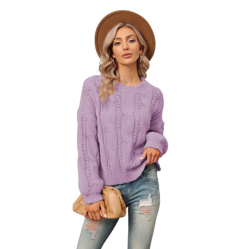 Women's Solid Color Loose Fit Sweater Round Neck Long Sleeve Pullover for Winter
