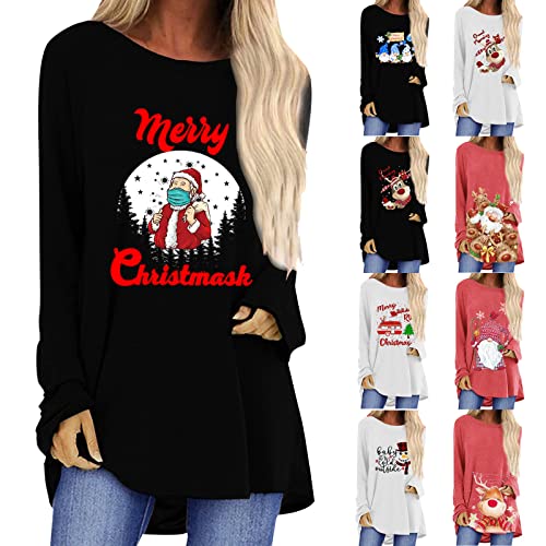 Amikadom Moletom feminino de manga comprida outono inverno suéter casual Natal ajuste solto gola red