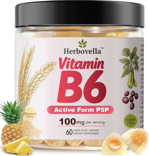 Herbovella Vitamin B6 Gummies 100mg Vitamin B6 Supplement P5P for Energy & Nervous System Sugar Free Vegan 60 Liquid-Filled Gummies.