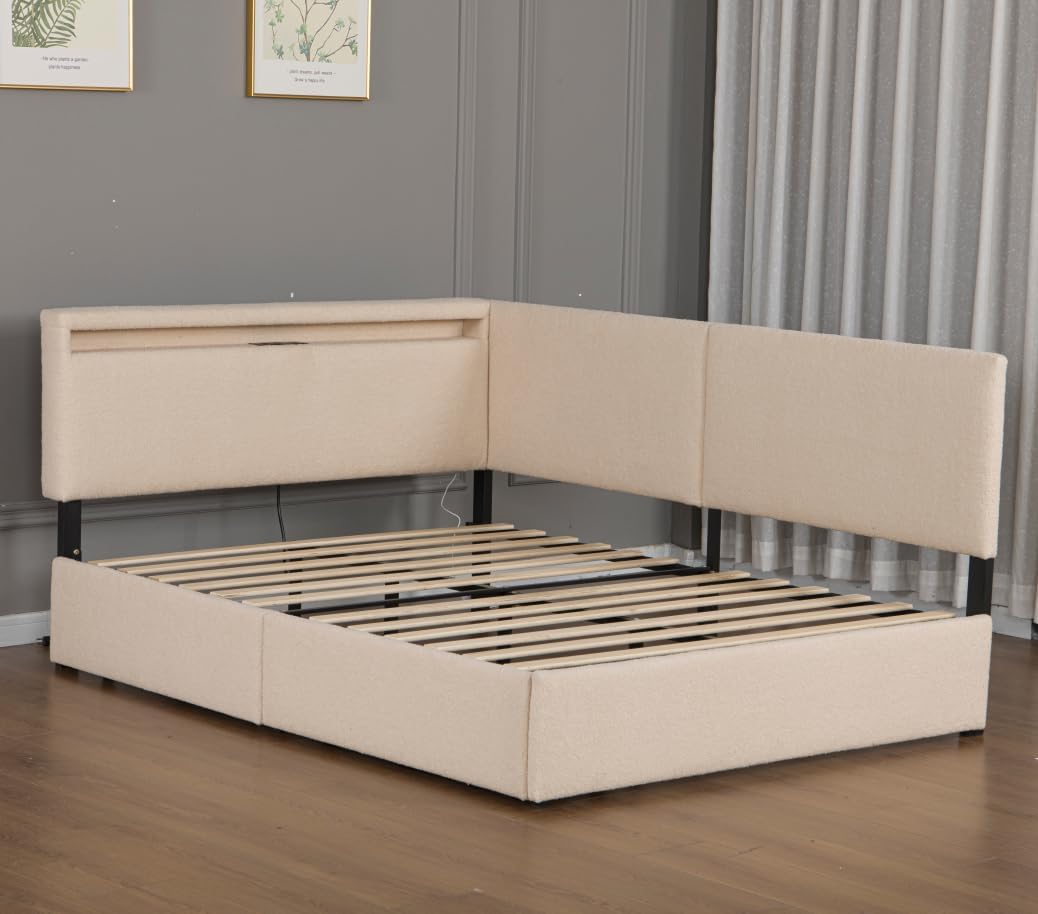 Bellemave Full Corner bedframe with 2 Drawers,Upholstered daybed with Storage, L-Shape daybed for Bedroom Living Room, Beige Fleece