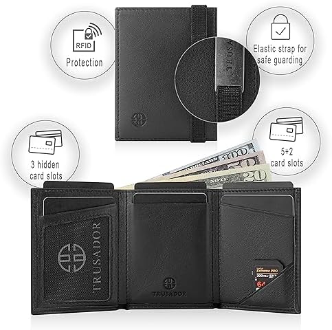 TRUSADOR Marseille Unisex Deri Cüzdan, RFID Koruma Kimlik Pencereli, Çıkarılabilir Ayna, Kart, Bozuk Para ve Nakit Bölmeli Şık Tasarım,Siyah - Görsel 4