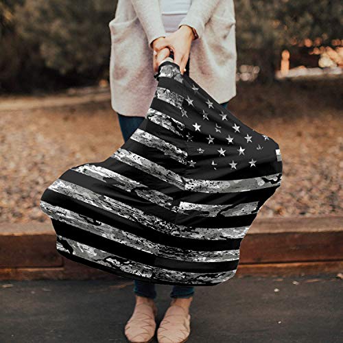 Independence Day Baby Nursing Cover For Breastfeeding, Camouflage American Flag Breathable Stretchy Nursing Scarf Carseat Canopy For Boys Or Girls Stroller Car Seat Covers Black And White #TOP1