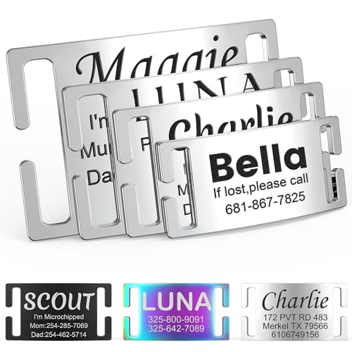 FAMIPAWS Slide-On Pet ID Tags - S/M/L/XL Dog Tags Personalized, Silent, No Noise Stainless Steel, Custom Engraved Collar Tag for Large and Small Dogs,Silver
