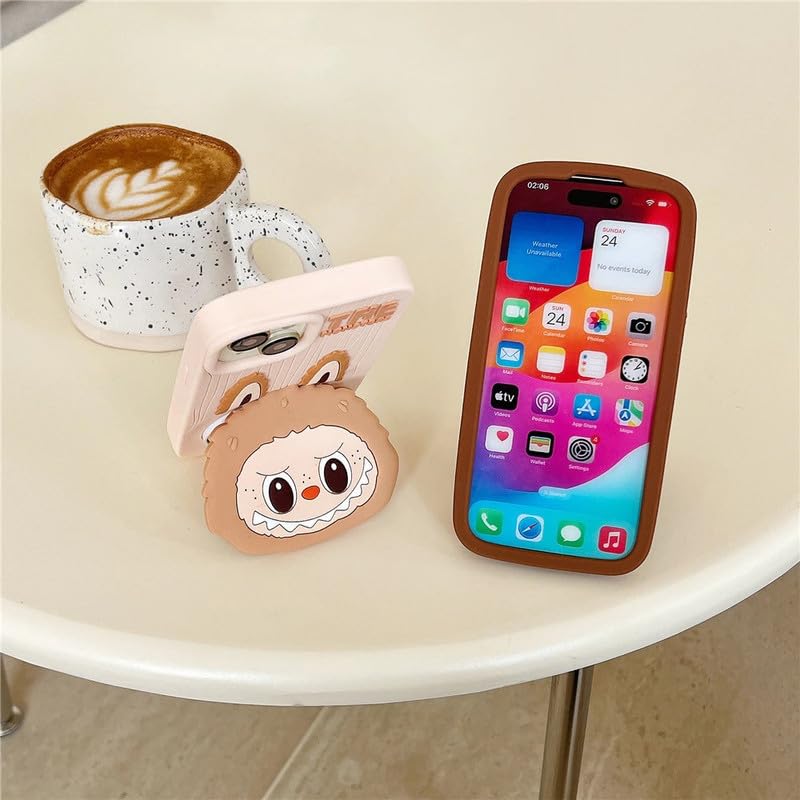 Image of COVERLY for iPhone 15 Pro Max 3D The Monster Mirror Cartoon Stand Case,Premium Silicone Full Protective Cute Bear Love Phone Holder Makeup Mirror Kawaii Aesthetic Cover for Apple iPhone 15 Pro Max