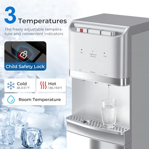 Image of Tehanld Bottom Loading Water Cooler Dispenser for 5 Gallon Bottles,Stainless Steel Water Cooler with 3 Temperature -Hot, Cold & Room,Child Safety Lock,Ideal for Home and Office, Satin Silver