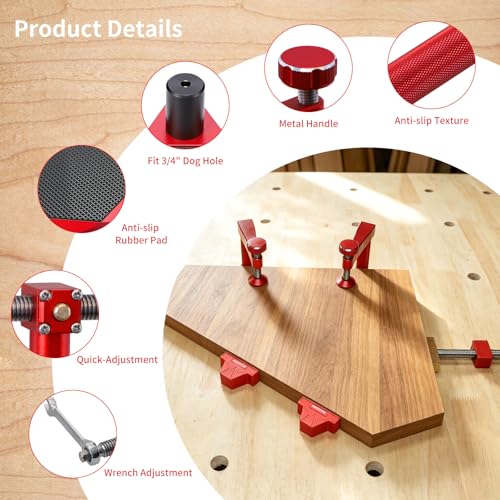 Image of Premium Bench Dog Clamp Set for MFT Table, 10 pcs for 3 /4 inch Dog Holes | Clamps for Woodworking, Quick Release Ratchet Wrench, Double Sided Anti-Slip Pucks, Secure Hold for Routing and Sanding