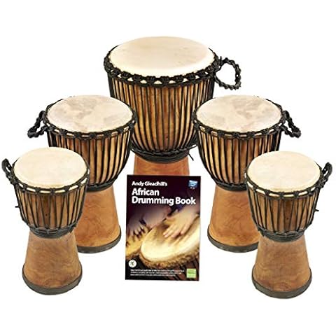 Drums for Schools African Drumming Djembe Dum Set - 5 Handmade Natural Mahogany Wide Top Djembe Drums and African Drumming Book by Andy Gleadhill. Perfect for Schools and Music Groups Cover